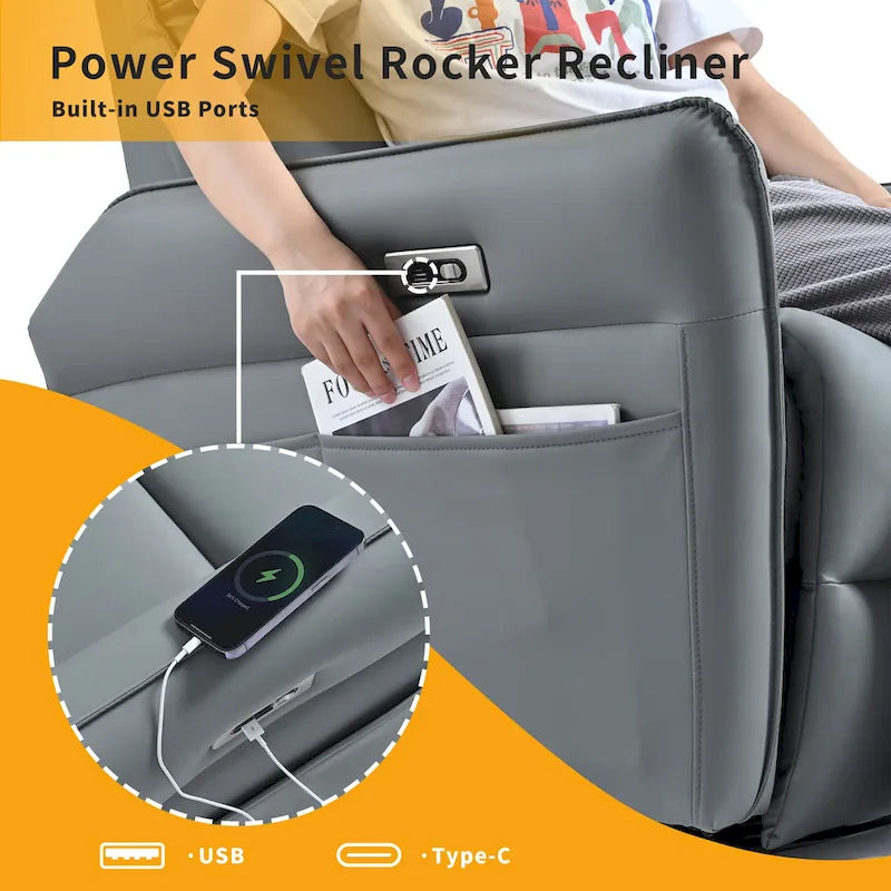 Fauteuil inclinable, pivotant et berçant motorisé avec port de chargement USB pour salon