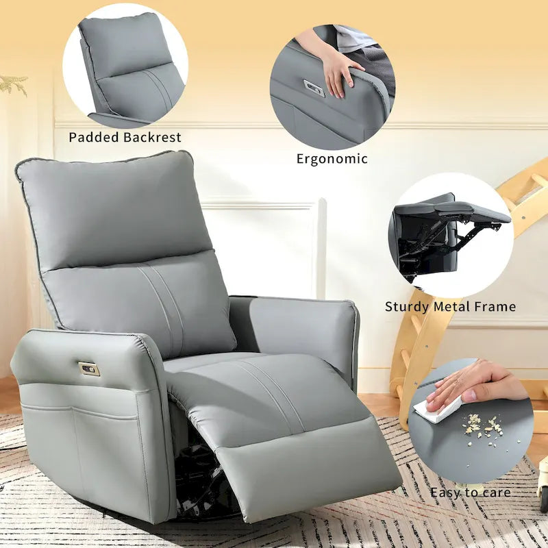 Fauteuil inclinable, pivotant et berçant motorisé avec port de chargement USB pour salon