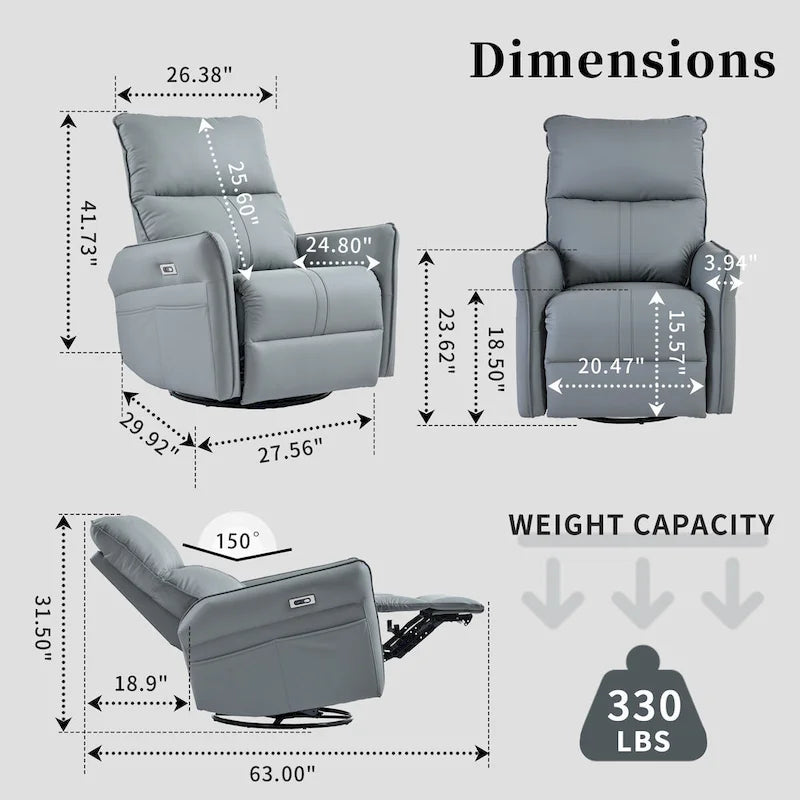 Fauteuil inclinable, pivotant et berçant motorisé avec port de chargement USB pour salon
