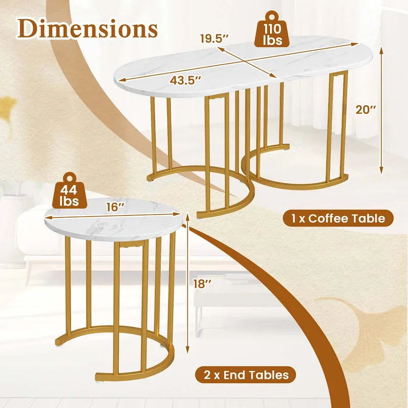 Table basse ovale imitation marbre avec structure en métal doré