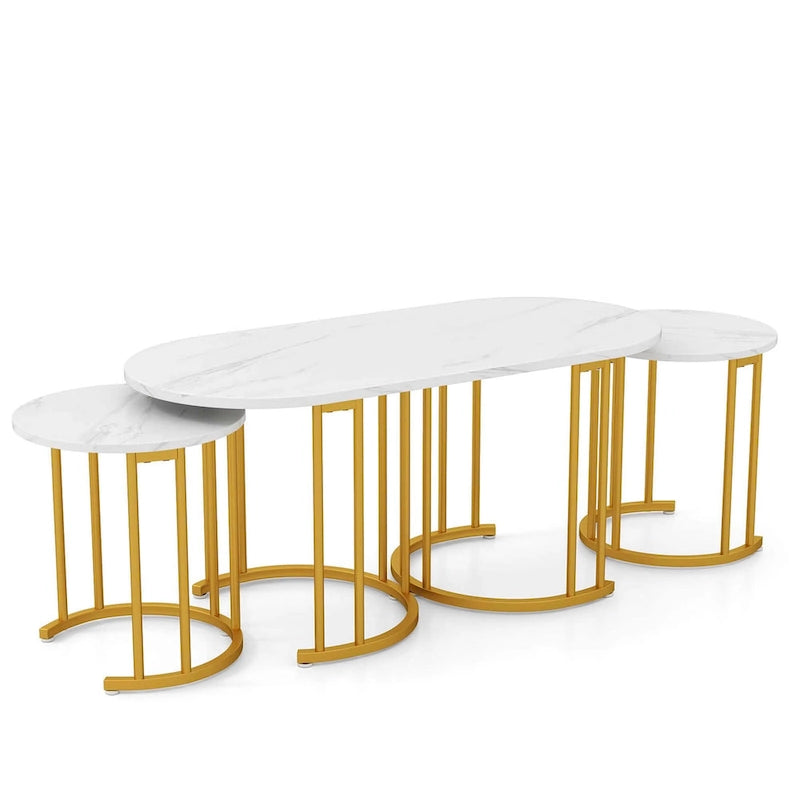 Table basse ovale imitation marbre avec structure en métal doré