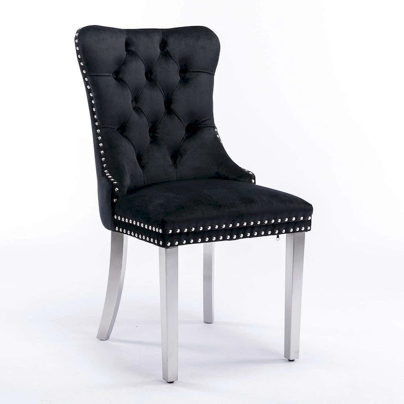 Chaise de salle à manger capitonnée en velours avec pieds en bois cloutés