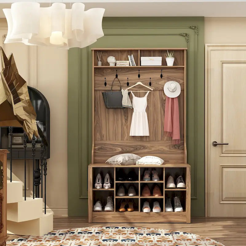 Meuble d'entrée avec banc, étagère à chaussures et patères