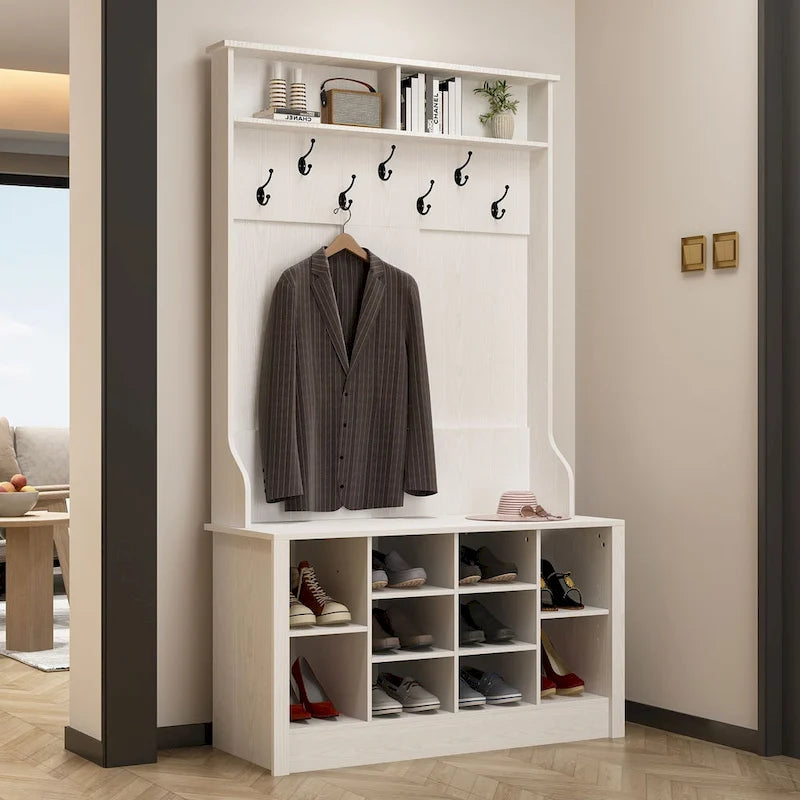 Meuble d'entrée avec banc, étagère à chaussures et patères