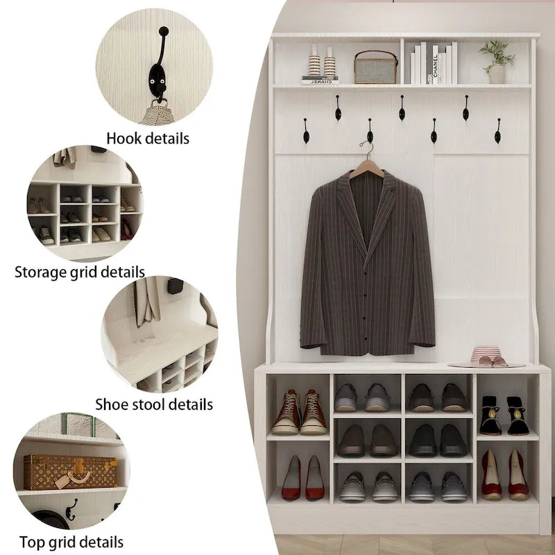 Meuble d'entrée avec banc, étagère à chaussures et patères