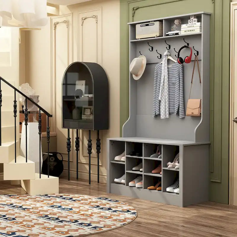 Meuble d'entrée avec banc, étagère à chaussures et patères