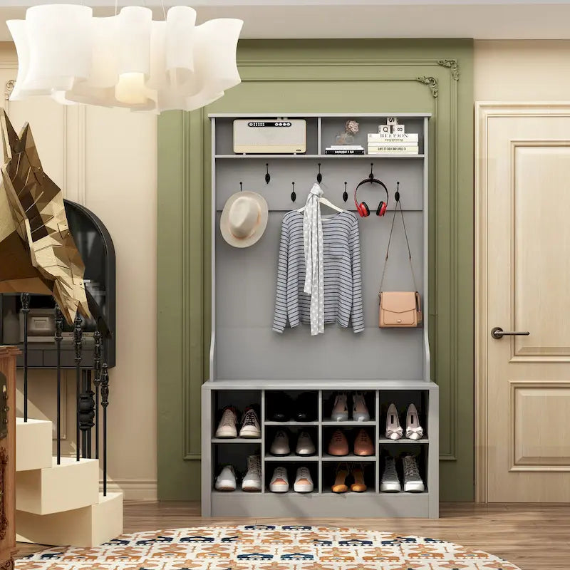 Meuble d'entrée avec banc, étagère à chaussures et patères