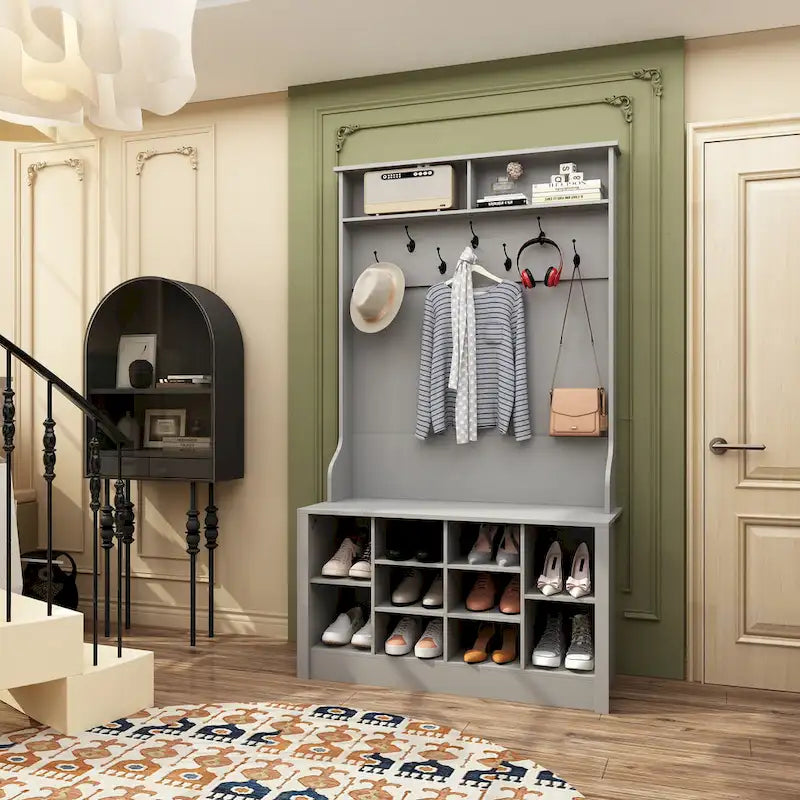 Meuble d'entrée avec banc, étagère à chaussures et patères