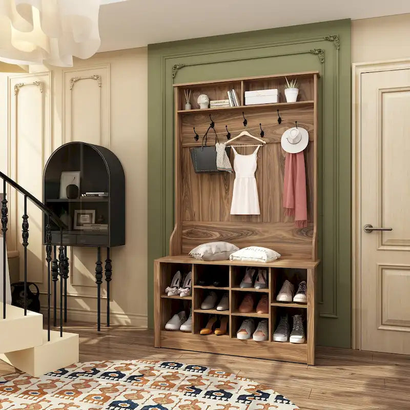 Meuble d'entrée avec banc, étagère à chaussures et patères