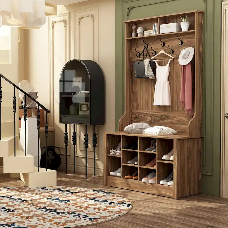 Meuble d'entrée avec banc, étagère à chaussures et patères