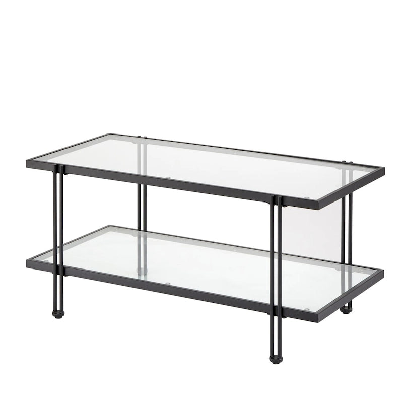 Table basse à deux plateaux en métal et verre trempé avec étagère inférieure