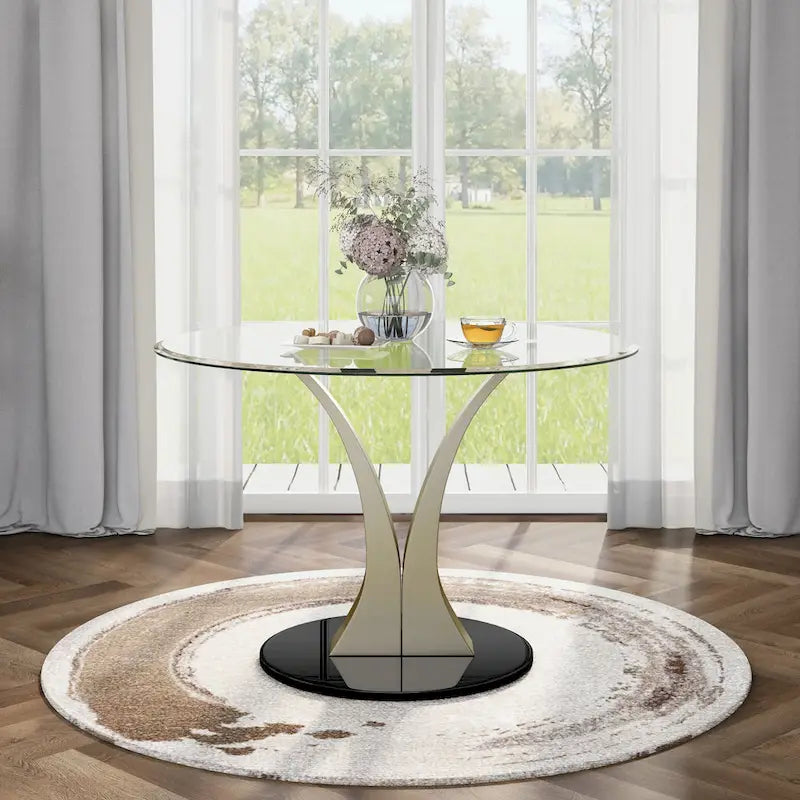 Table à manger contemporaine en verre rond argenté avec piédestal en V