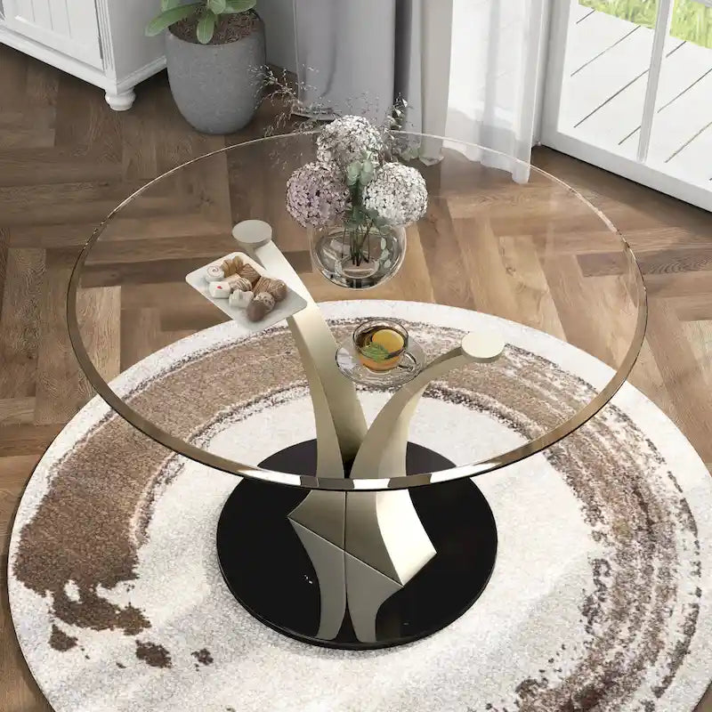 Table à manger contemporaine en verre rond argenté avec piédestal en V