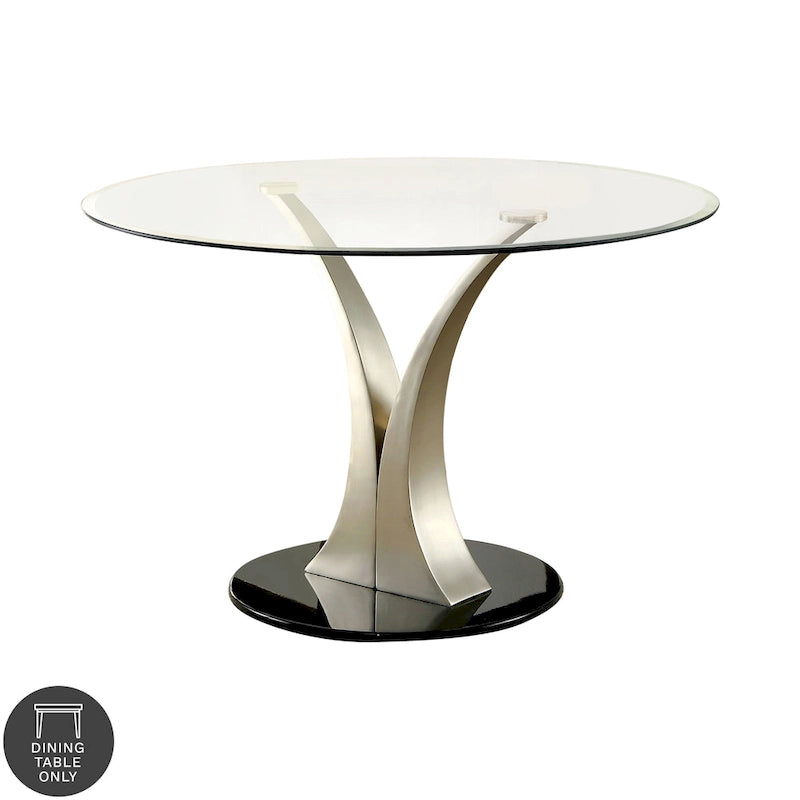 Table à manger contemporaine en verre rond argenté avec piédestal en V