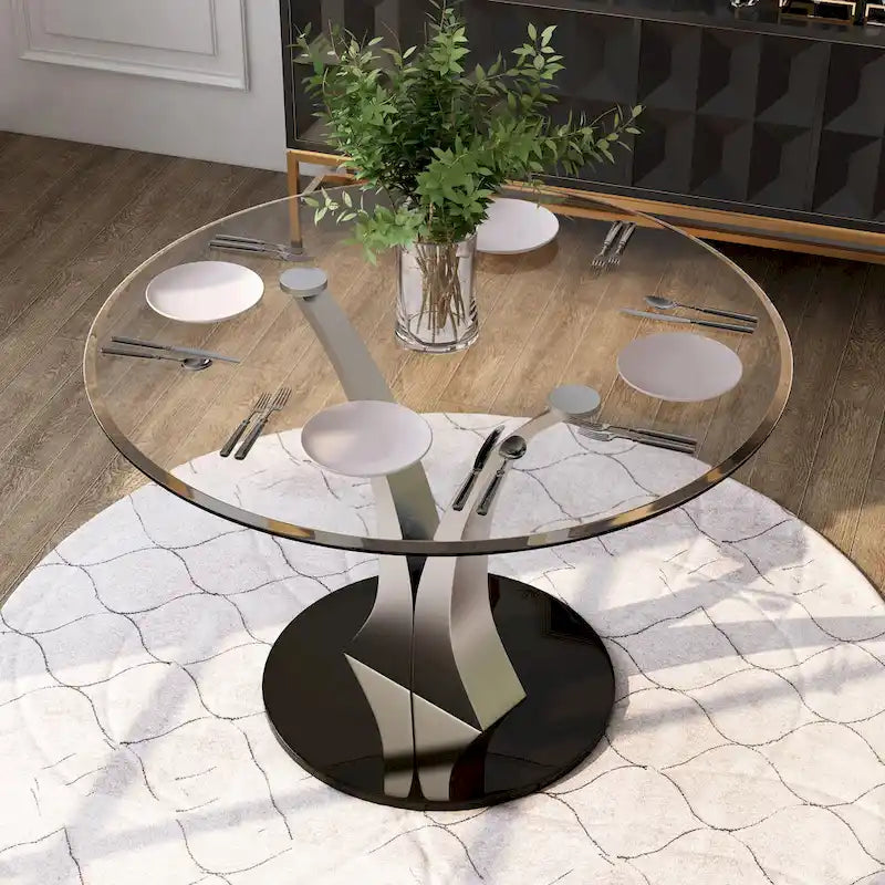 Table à manger contemporaine en verre rond argenté avec piédestal en V