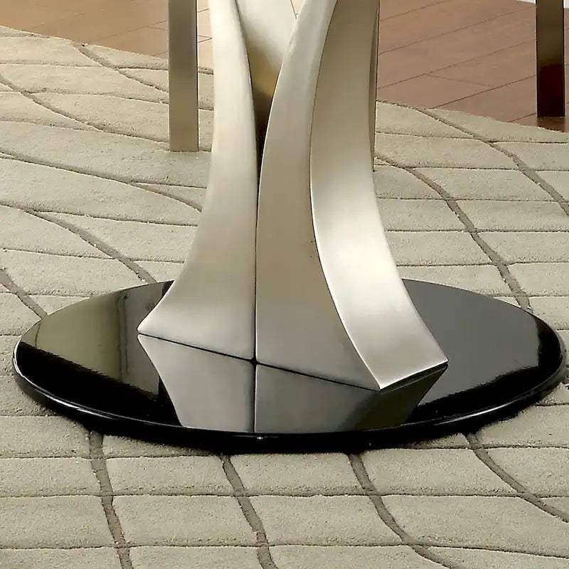 Table à manger contemporaine en verre rond argenté avec piédestal en V