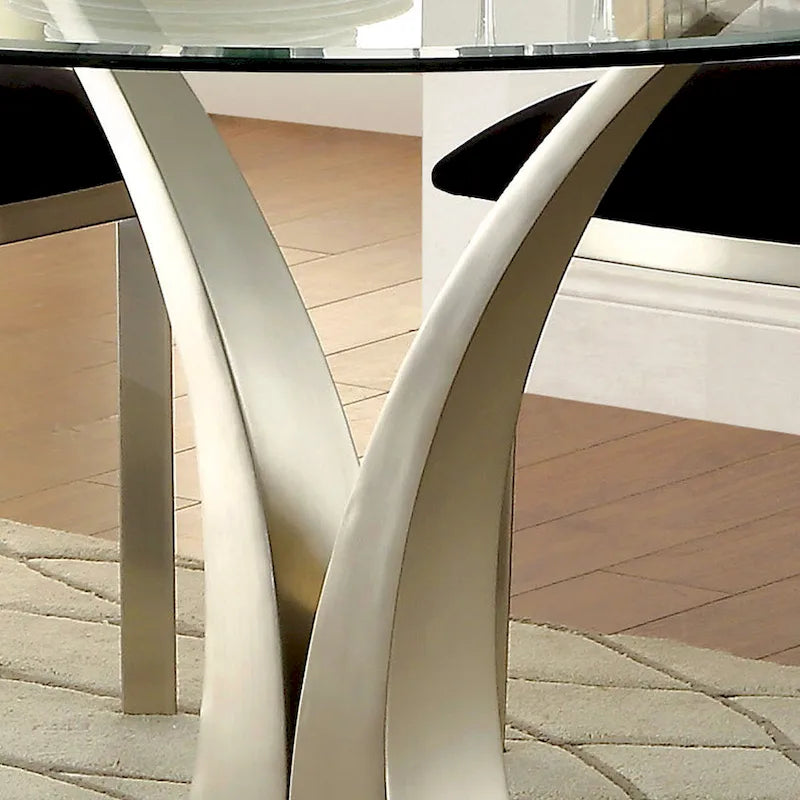 Table à manger contemporaine en verre rond argenté avec piédestal en V