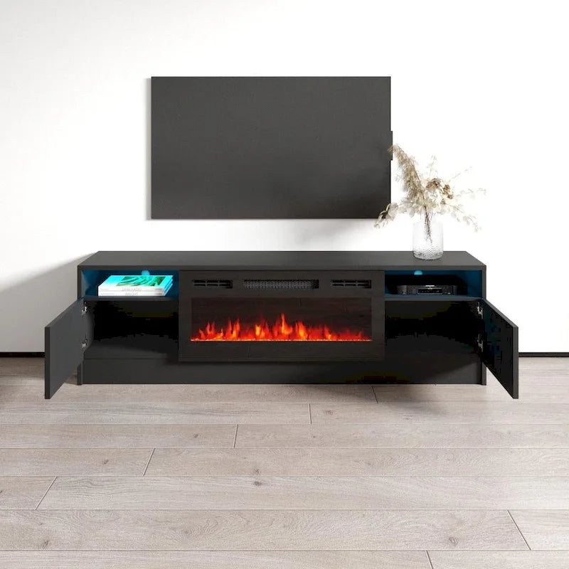 Meuble TV de cheminée électrique moderne de 160 cm avec lumières LED