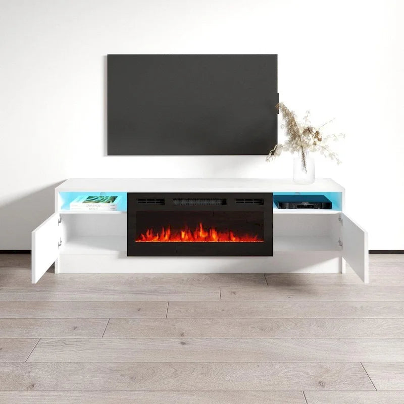 Meuble TV de cheminée électrique moderne de 160 cm avec lumières LED