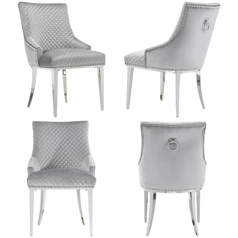 Chaise de salle à manger moderne en velours gris clair avec pieds en argent chromé