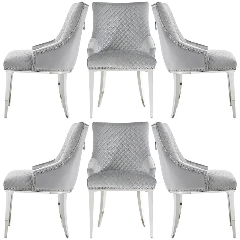Chaise de salle à manger moderne en velours gris clair avec pieds en argent chromé