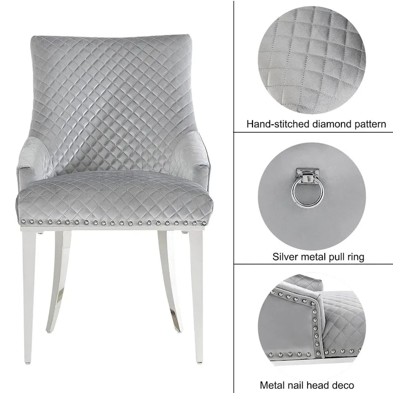 Chaise de salle à manger moderne en velours gris clair avec pieds en argent chromé