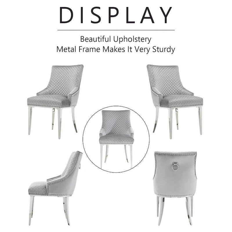Chaise de salle à manger moderne en velours gris clair avec pieds en argent chromé