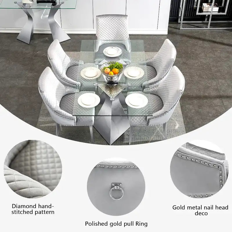 Chaise de salle à manger moderne en velours gris clair avec pieds en argent chromé