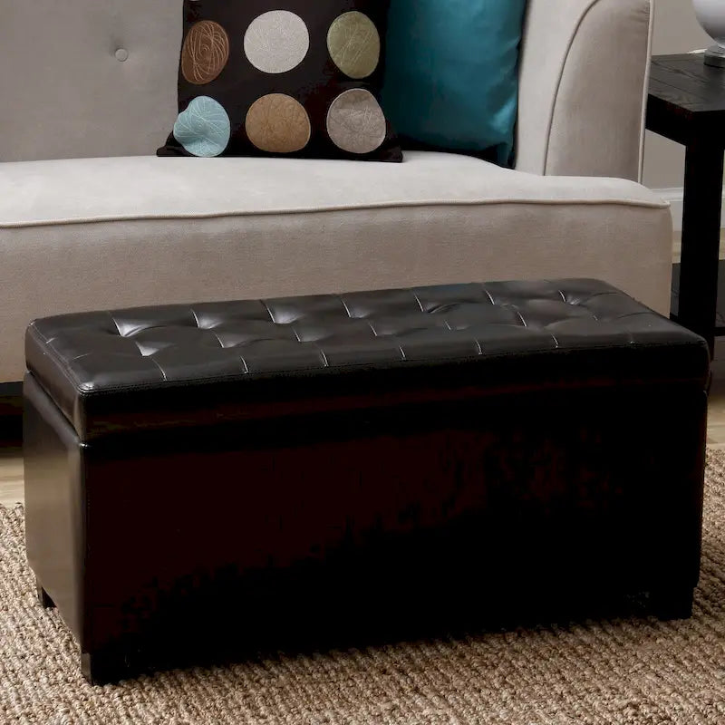 Banc de rangement capitonné en similicuir avec cadre en bois et rangement dissimulé