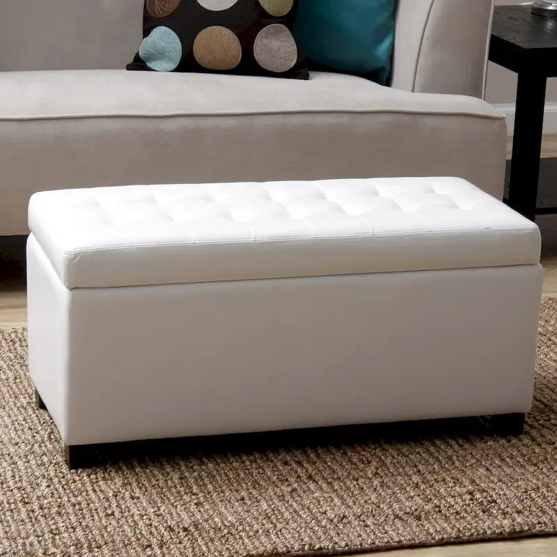 Banc de rangement capitonné en similicuir avec cadre en bois et rangement dissimulé