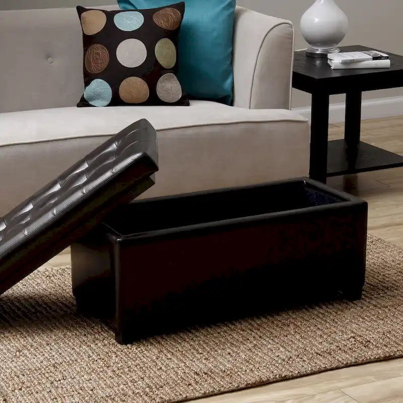 Banc de rangement capitonné en similicuir avec cadre en bois et rangement dissimulé