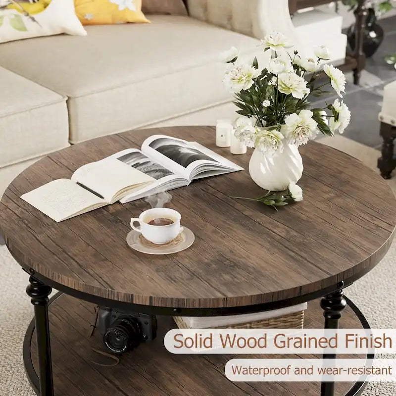 Table basse ronde en bois de 30,3 po, avec étagère de rangement, pieds en métal