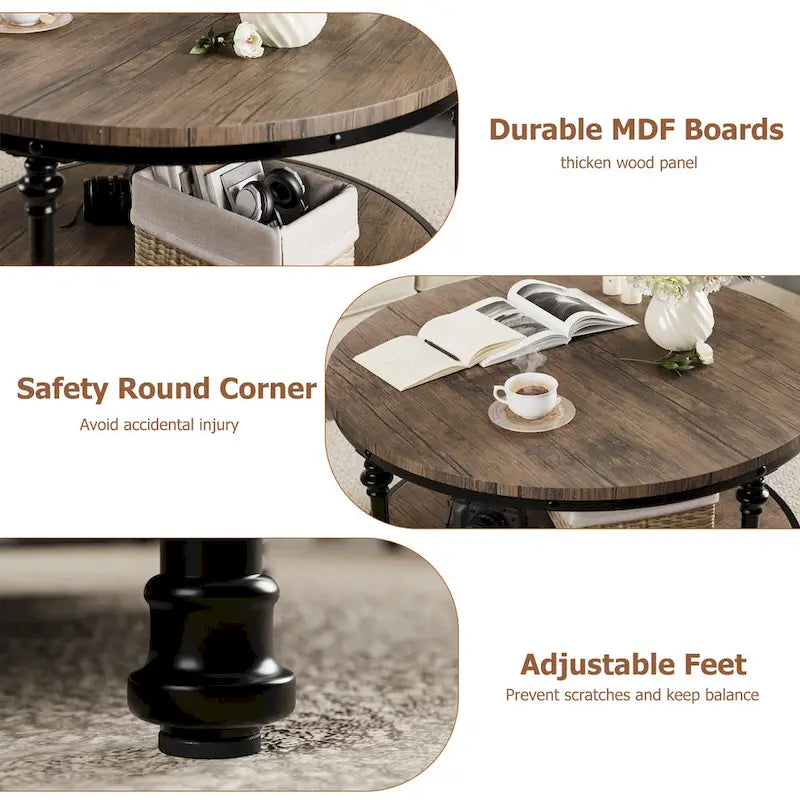 Table basse ronde en bois de 30,3 po, avec étagère de rangement, pieds en métal
