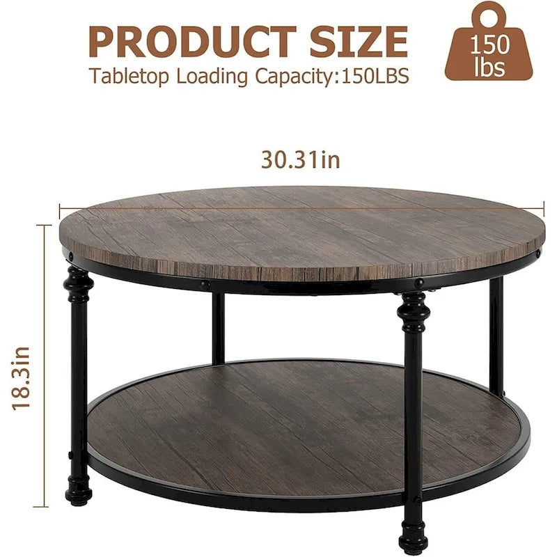 Table basse ronde en bois de 30,3 po, avec étagère de rangement, pieds en métal