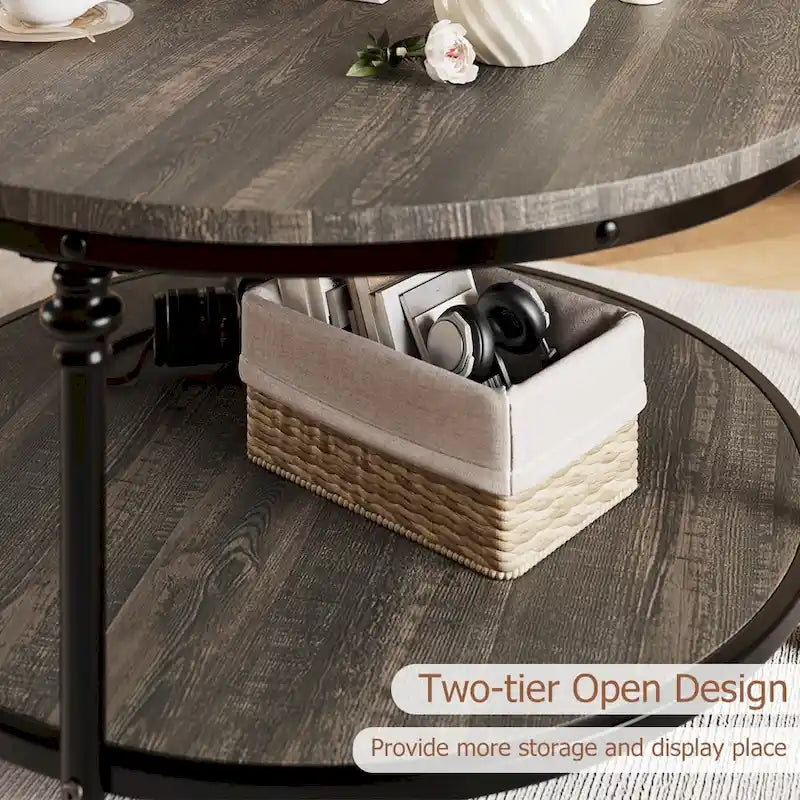 Table basse ronde en bois de 30,3 po, avec étagère de rangement, pieds en métal