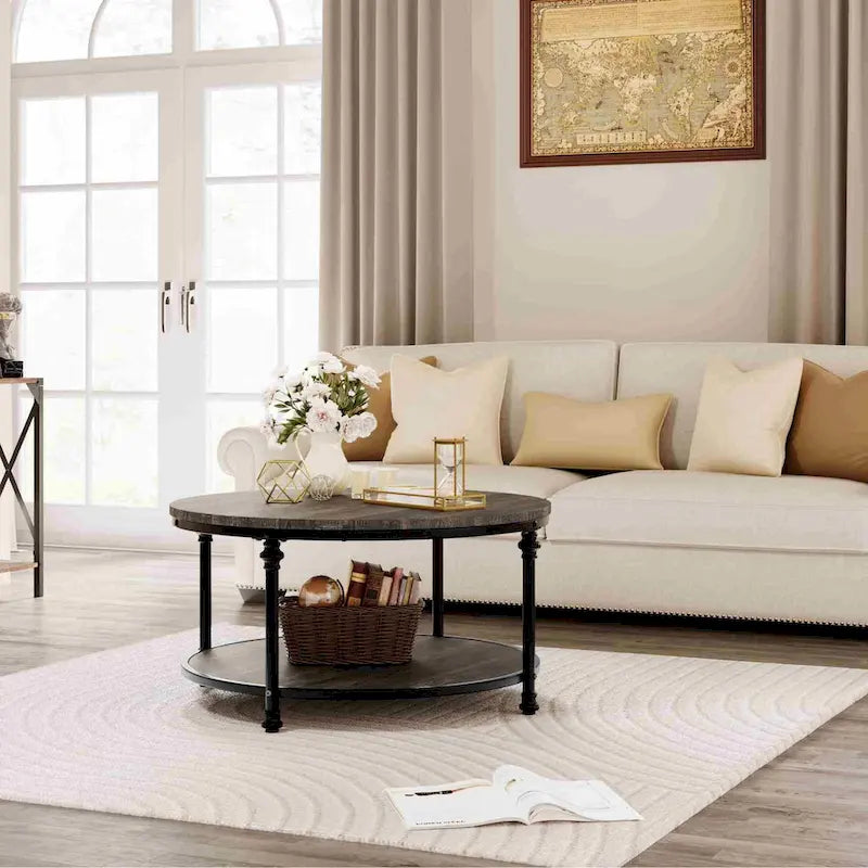 Table basse ronde en bois de 30,3 po, avec étagère de rangement, pieds en métal