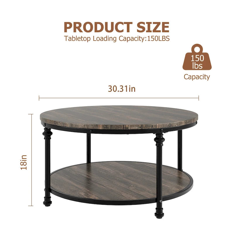Table basse ronde en bois de 30,3 po, avec étagère de rangement, pieds en métal