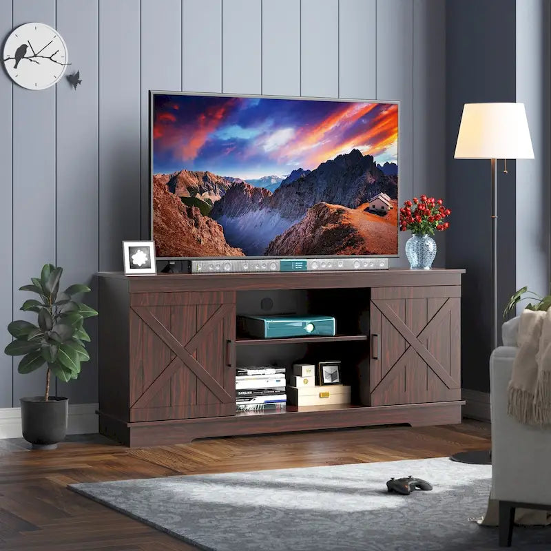 Meuble TV de Ferme en Bois pour Téléviseur 65 Pouces, Portes Coulissantes Grise et Blanche