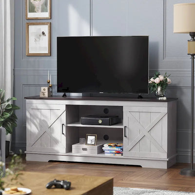 Meuble TV de Ferme en Bois pour Téléviseur 65 Pouces, Portes Coulissantes Grise et Blanche