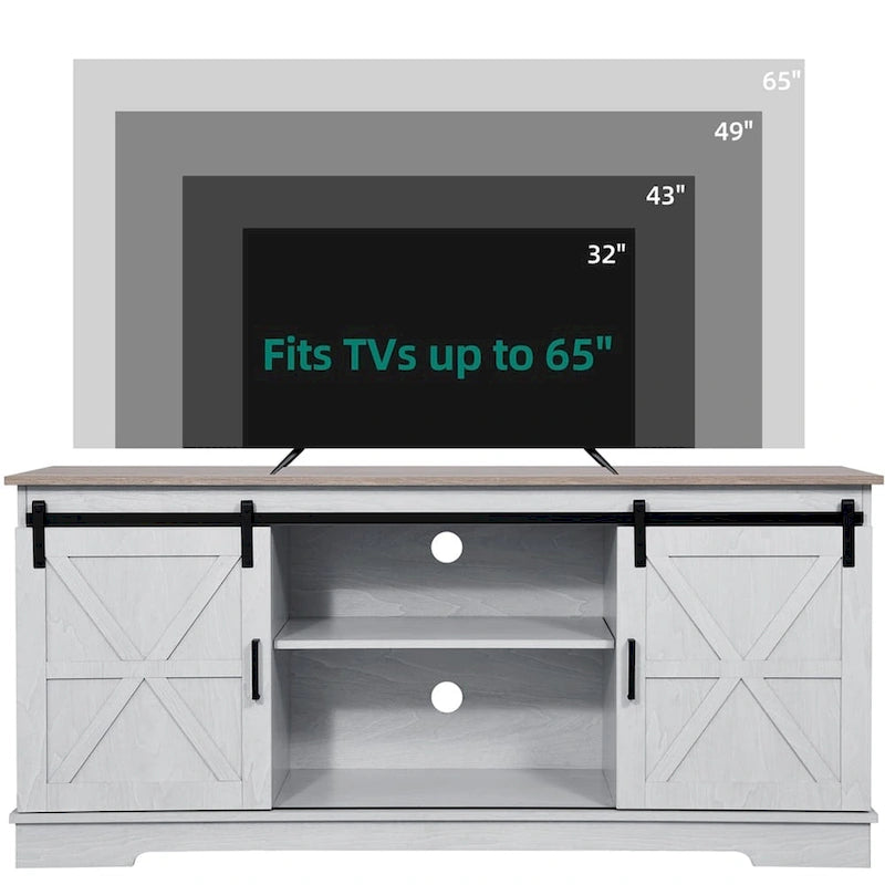 Meuble TV de Ferme en Bois pour Téléviseur 65 Pouces, Portes Coulissantes Grise et Blanche