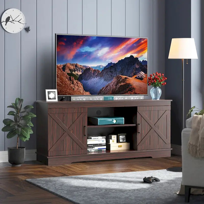 Meuble TV de Ferme en Bois pour Téléviseur 65 Pouces, Portes Coulissantes Grise et Blanche