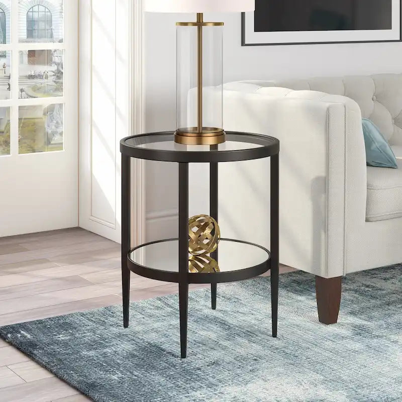 Table d'appoint ronde avec miroir, structure en acier et plateau en verre