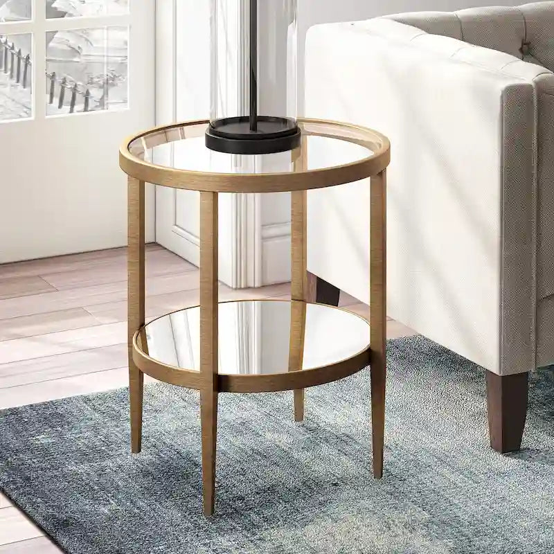 Table d'appoint ronde avec miroir, structure en acier et plateau en verre