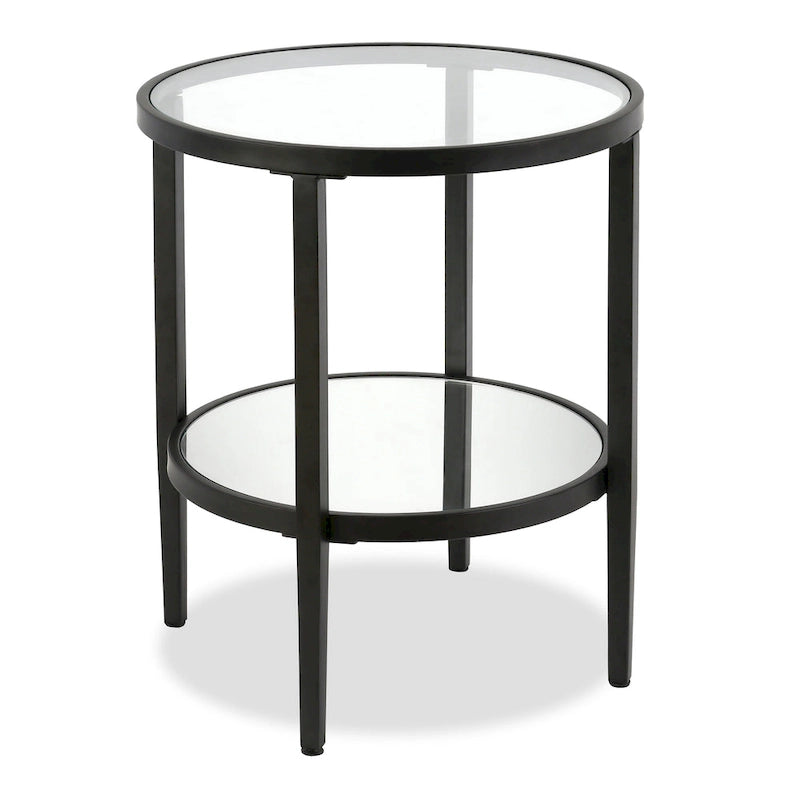 Table d'appoint ronde avec miroir, structure en acier et plateau en verre