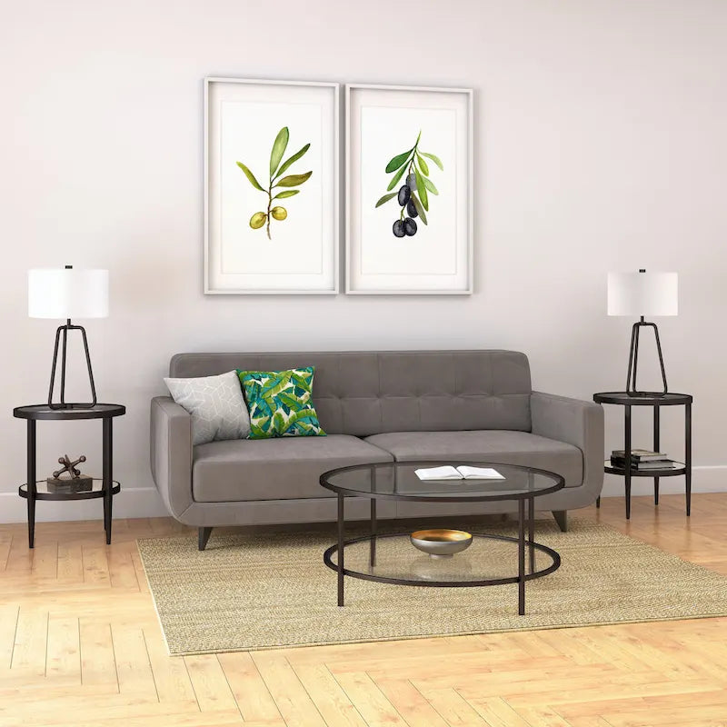 Table d'appoint ronde avec miroir, structure en acier et plateau en verre