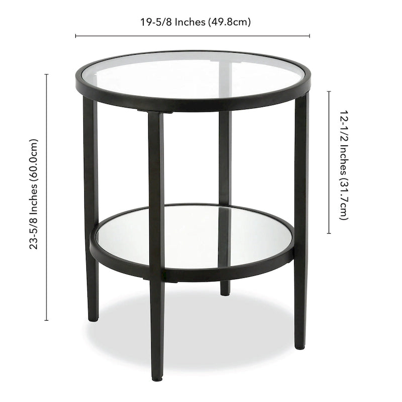 Table d'appoint ronde avec miroir, structure en acier et plateau en verre