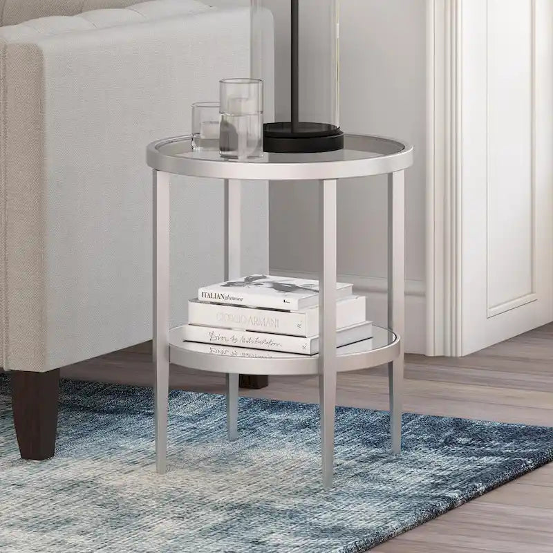 Table d'appoint ronde avec miroir, structure en acier et plateau en verre