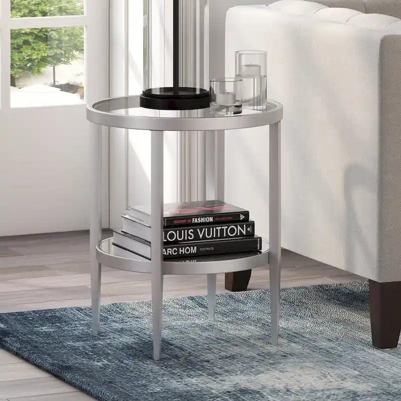Table d'appoint ronde avec miroir, structure en acier et plateau en verre