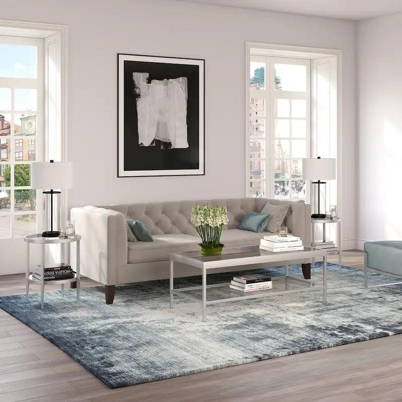 Table d'appoint ronde avec miroir, structure en acier et plateau en verre
