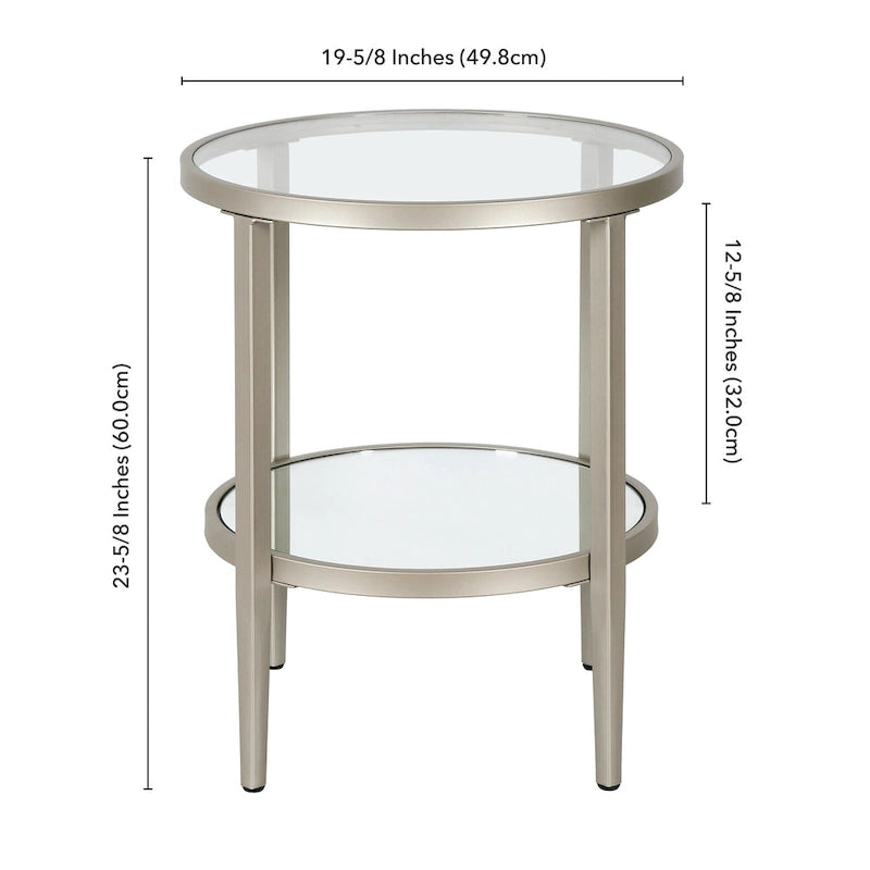 Table d'appoint ronde avec miroir, structure en acier et plateau en verre